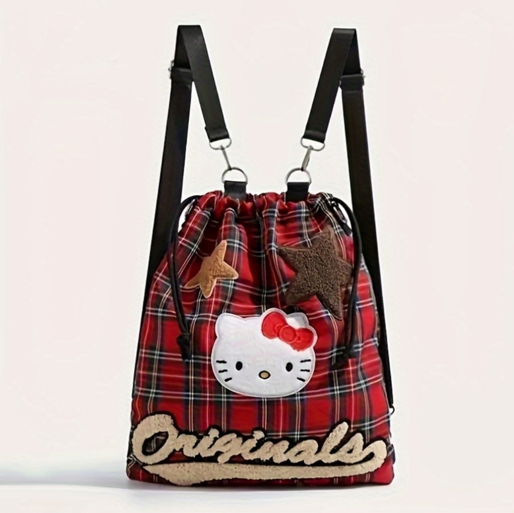 HELLO KITTY Plaid Drawstring Backpack NEW - Picture 1 of 8